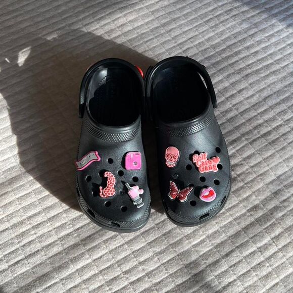 Black Customized Platform Crocs with Pink Charms - Picture 2 of 4